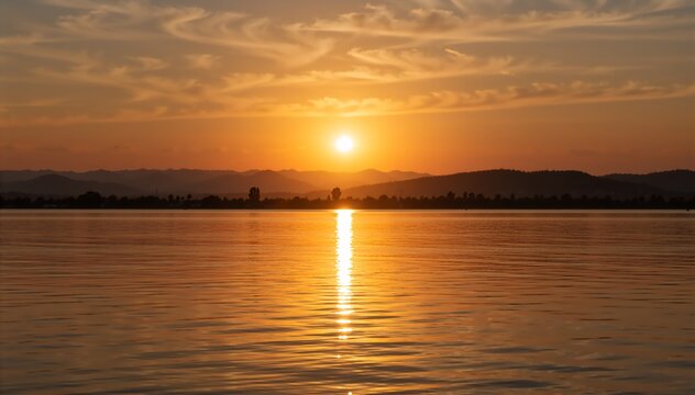 Golden sunset over a lake with mountain silhouette. Orange sky reflecting on water surface. Nature landscape background