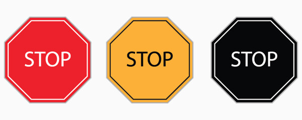 Set of octagon stop signs in red, yellow, and black colors isolated on white background flat vector