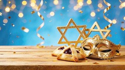 Purim Jewish carnival holiday. Traditional hamantaschen cookies and a golden mask on a wooden table on festive background. Template for space for text