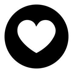A black circle with a white heart shape in the center, isolated on transparent background © razia
