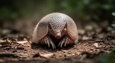 Obraz premium Close-up of a three-banded armadillo curled into a ball on the forest floor, showcasing its protective shell and claws.