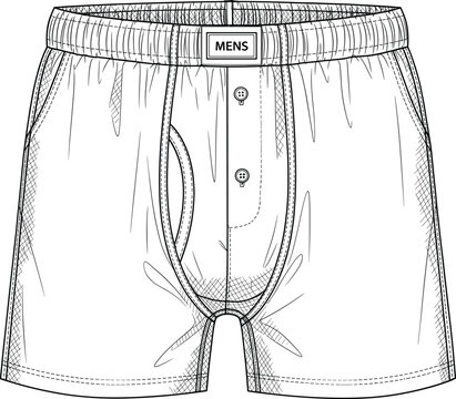 Technical hand drawn vector sketch of men's cotton boxer shorts underwear with elastic waistband and button fly detail.