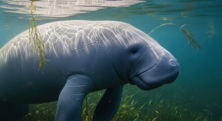 Naklejka premium Gentle Manatee Swims Gracefully Through Clear Blue Water Amidst Seagrass.
