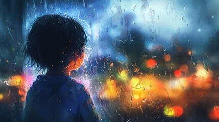 Naklejka premium Child looking out rainy window at night lights.