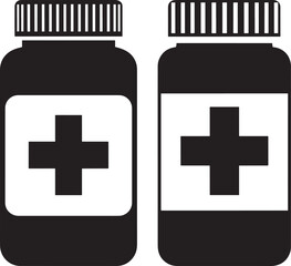 Obraz premium Two black silhouette medicine bottle with plus sign