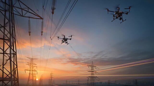 Drones flying near power lines sunset.