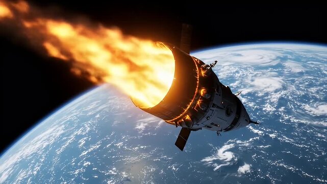 Dramatic Spacecraft Re-entry - Fiery Descent Over Earth in Stunning Detail.