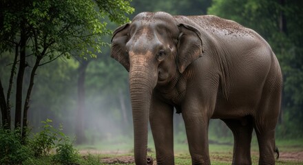 Fototapeta premium Majestic Asian Elephant Standing in Lush Green Forest with Misty Background.