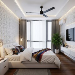 Modern bedroom with large windows and a cozy bed inviting relaxation