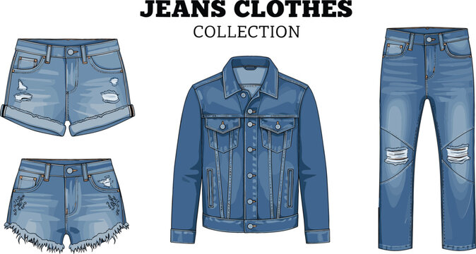Detailed vector set featuring a blue denim jacket, distressed jeans, and varied denim shorts for casual fashion design