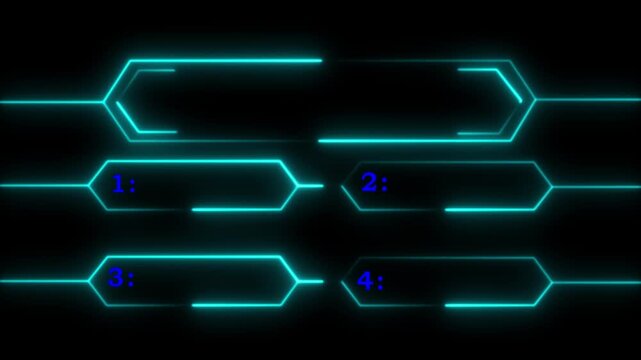 Futuristic HUD interface with glowing neon frames, cyber technology dashboard, sci fi UI panels, digital data display, virtual control elements, abstract hi tech background, seamless loop animati