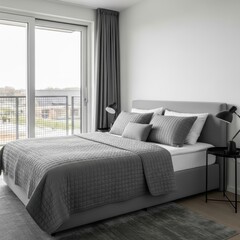 Modern bedroom with a large window overlooking a cityscape