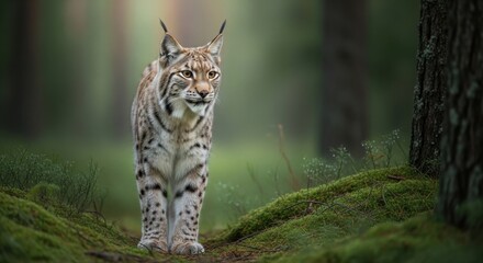 Obraz premium Majestic Eurasian Lynx Strolling Through a Lush Green Forest.