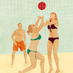 Ilustracja grafika dziewczyny w strojach kąpielowych grające w siatkówkę plażową. © Monika