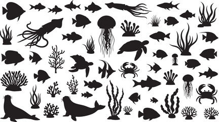 Naklejka premium Black silhouettes of various sea creatures and coral reef elements isolated on transparent background
