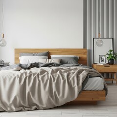 A cozy bedroom with a neatly made bed and a wooden headboard