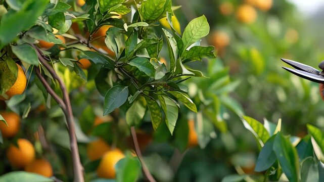 Hand pruning orange tree branches.