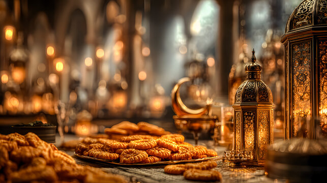 Ramadan banner with lantern glowing with candles and sweets on table, cozy cushions and string lights in background. Ramadan Kareem, Eid Mubarak, hospitality, and cultural celebration concept	
