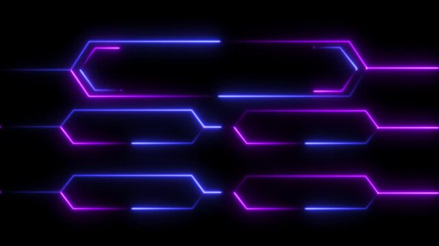 Futuristic HUD interface with glowing neon frames, cyber technology dashboard, sci fi UI panels, digital data display, virtual control elements, abstract hi tech background, seamless loop animati