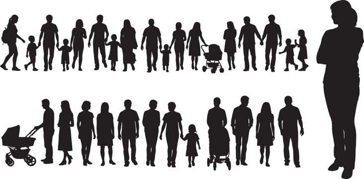 Silhouette of a large group of people isolated on transparent background