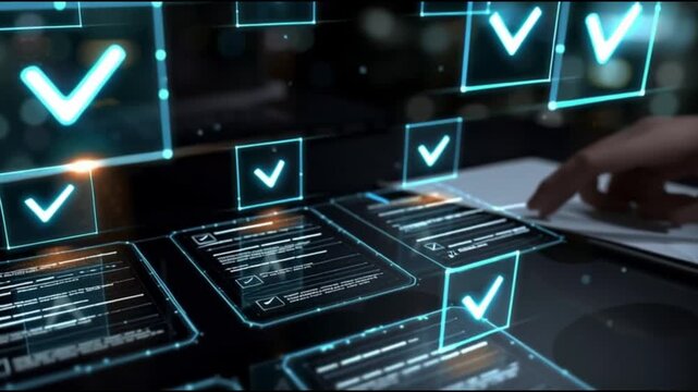 Quality assurance. Quality benchmark. Process consistency. Testing governance. Process consistency. Digital interface with checkmarks over document outlines.