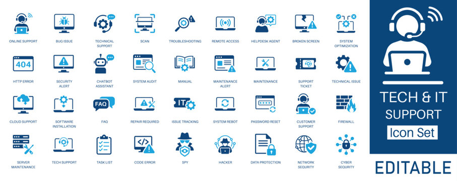 Tech and IT Support solid icon set. Includes symbols for Remote Access, System Optimization, Cloud Support, and Cyber Security. Solid vector icons for helpdesk and network services.