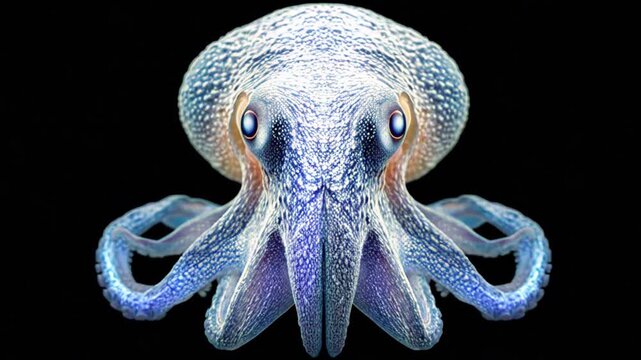 A detailed digital illustration of an octopus with green and blue tones on a black background