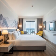A modern hotel room with a stunning view of the sea and mountains.