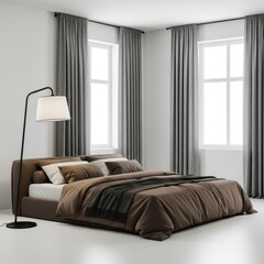 Elegant bedroom with large windows and a cozy brown bedspread