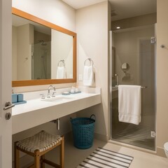 Modern bathroom with a spacious shower and a large vanity mirror.