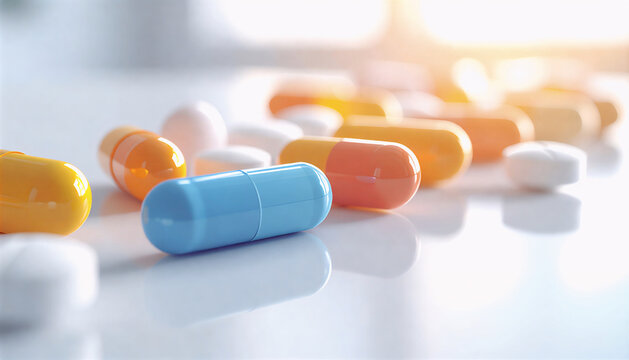 Assorted pills and capsules on white table representing pharmaceutical medicine and healthcare treatment concept.