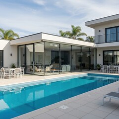 Modern house with a spacious patio and a large swimming pool in the backyard.