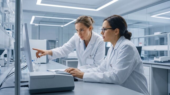 Two Female Scientists Collaborating on Research in a Modern Laboratory.