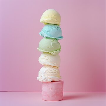 A surreal stack of pastel ice cream scoops balanced in a minimalist studio setting.
