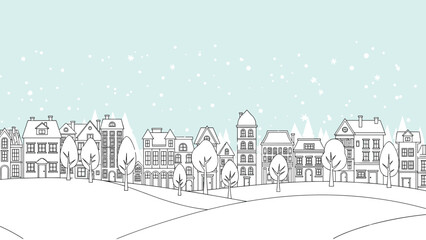 Peaceful winter town scene features line drawn houses and snowy hills under a clear blue sky filled with snowflakes.