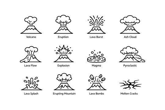 Volcanic activity icons: eruption, lava flow, ash cloud, magma, pyroclastic