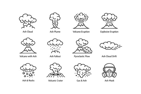 Volcanic eruption icons set including ash cloud and gas mask illustrations