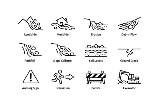 Natural disaster icons illustrating landslide, mudslide, erosion, and evacuation symbols