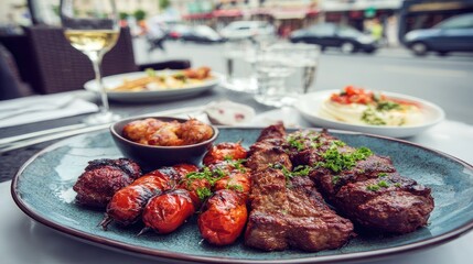 Delicious Mediterranean Grilled Meat and Vegetables in a Vibrant Outdoor Setting