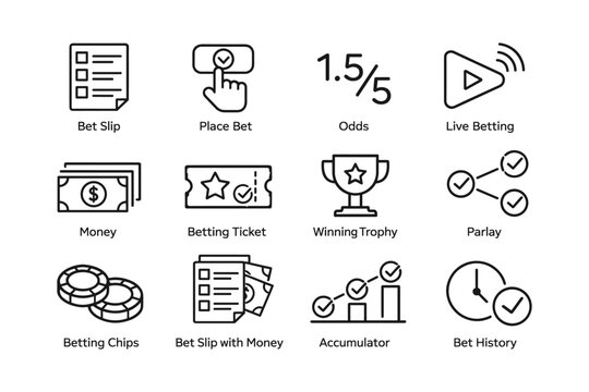 Betting icons: slip, place bet, odds, live betting, money