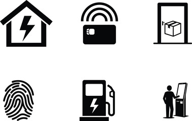 Black and white icons for technology and energy concepts on white background