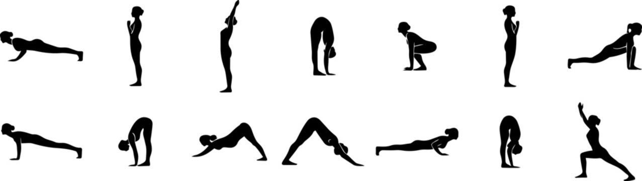 Sun Salutation (Surya Namaskar) Sequence &ndash; Black and White Yoga Pose Silhouettes