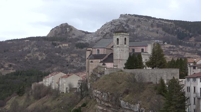 Historic architecture and mountains in Capracotta, one of the highest towns in the Italian Apennines.