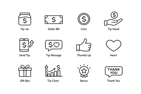 Tip jar and payment icons: dollar, coin, hand, chart, gift, thank you symbols