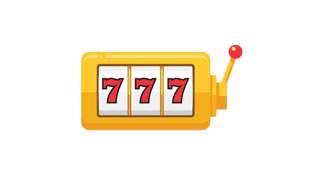 A bright yellow, stylized slot machine with three identical red seven symbols on its reels, indicating a jackpot, with a pull handle.