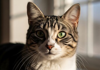 Closeup of tabby cat with green eyes looking directly forward feline whiskers