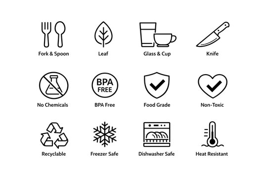 Kitchen and safety symbols: utensils, non-toxic, recyclable, heat resistant, freezer safe