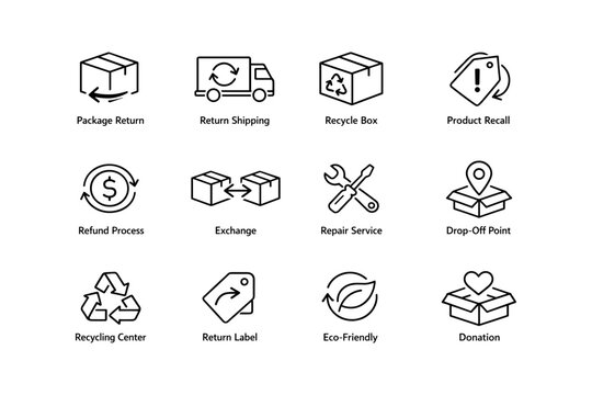 Icon set depicting return shipping, exchanges, and recycling processes