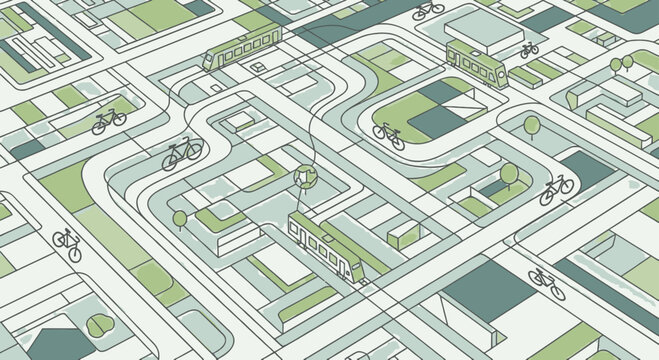 Modern urban planning concept with bike lanes and public transport