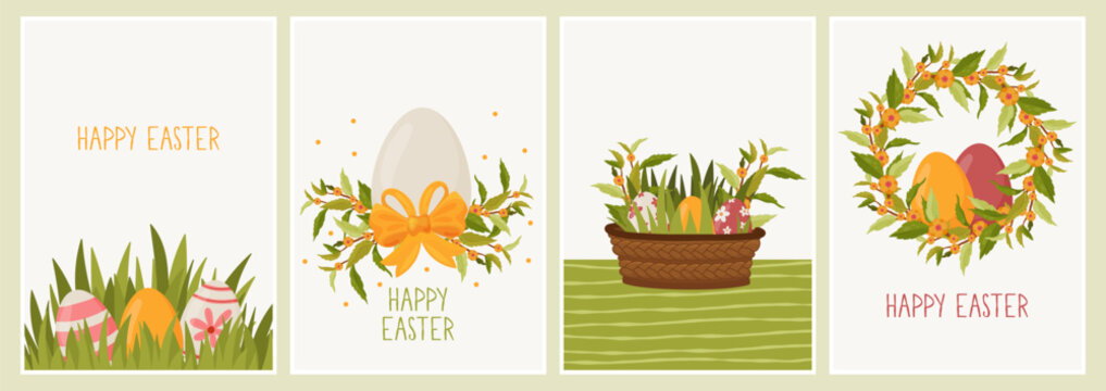 Collection of four Easter greeting cards. Features painted eggs in green grass, eggs with yellow bows, wicker baskets, and floral wreaths. Digital hand-drawn holiday illustrations in flat style